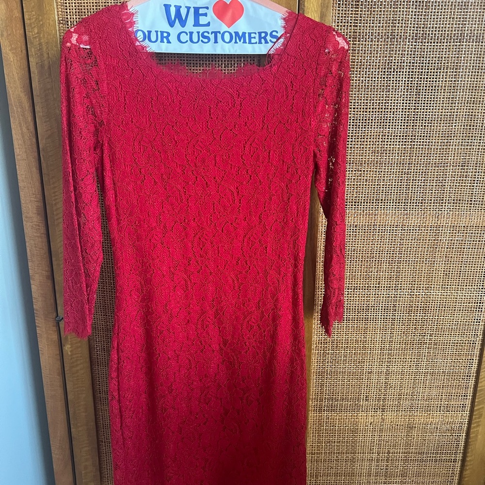 Diane Von Furstenberg Red Lace Long Sleeve Dress